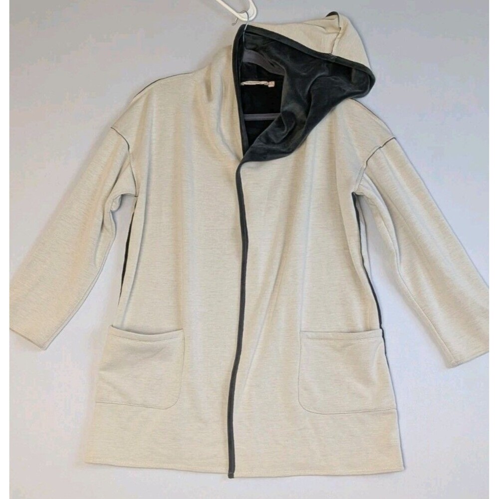 Soft Surroundings Open Hooded Cardigan Poncho Womens L Sweatshirt Cream Gray Fur
